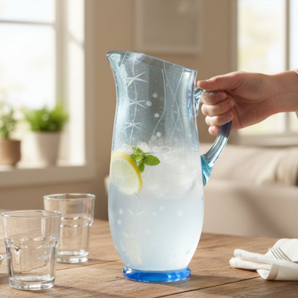 VINTAGE PITCHER -- Blue Glass, Circa 1980, Etched Glass Carafe, Tea/Juice/Water
